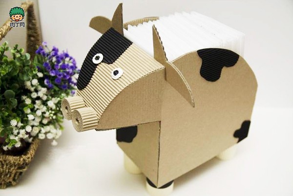 纸板组装玩具 瓦楞纸diy可爱小牛纸巾盒,收纳盒手工制作